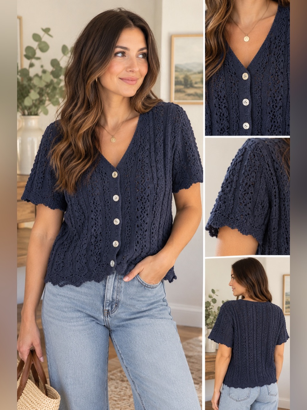 Navy Vintage Cottagecore Cotton Crochet Button-Front Cropped Sweater Cardigan